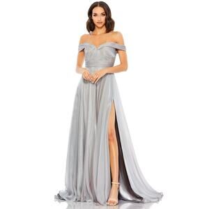 Mac Duggal 67485 Pearl Gray Chiffon Satin Off Shoulder Gown 10